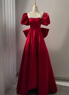 Wine Red Short Sleeves Satin A-line Party Dress Outfits For Girls Prom Dress With Bow, Princess Dress Red, Red Long Prom Dress, Spring Trends Outfits, Banquet Dresses, Alien Invasion, Cotton Long Dress, Satin Short, Beautiful Prom Dresses