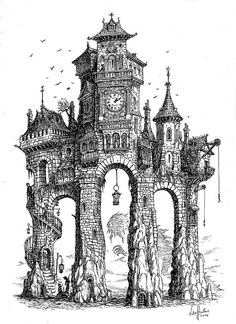 an ink drawing of a castle made out of rocks and trees with a clock on the tower