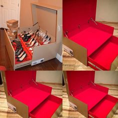 several pictures of shoes in a shoe box with the bottom open and top closed, all lined up