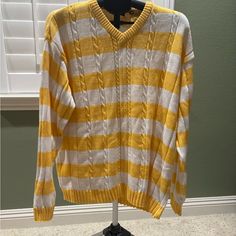 Yellow And White Pullover(Cotton Blend) White Pullover, Yellow Sweater, Yellow White, Color White, Men Sweater, Cotton Blend, Man Shop, V Neck, Yellow