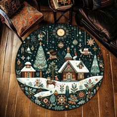 a round rug with a christmas scene on it