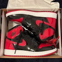 Air Jordan 1 Retro High Og Gs, Authentic And Brand New. Patent Black And Varsity Red. Size 5 In Kids, 37 Euro Womens. Red And Black Proposal Decor, Jordan 1 Size 4, Red And Black Air Jordan 1, Patent Red Jordan 1, Nike Jordan Red And Black, Jordan 1 Red And Black, Black And Red Jordans, Red Jordan 1 Outfit, Red And Black Jordans