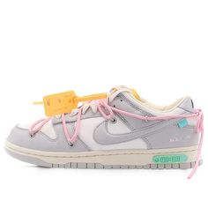 LIMITED TO 50 PAIRS ONLY! The Nike OFF-WHITE x Dunk Low The 50 NO.9 belongs to the exclusive "Dear Summer" collection, which is a follow-up to Virgil Abloh's highly successful first Nike Dunk collaboration from 2019. This low-top sneaker is made with white leather upper and soft grey canvas overlays, along with Virgil Abloh's signature flourishes like a plastic zip tie and printed Helvetica text. It also has contrasting pops of color from the secondary lacing system, zip-tie, an exposed-foam tongue and a rectangular tab on the Swoosh. (SNKR/Skate/Low Top/Crossover) Off-white X Dunk Low 'lot 09 Of 50', Off White Dunks, Off White Dunk, Nike Off White, Dunk Low Nike, Popular Sneakers, Cute Nike Shoes, Dad Shoes, Cute Nikes