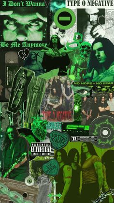 collage of green and black images with the words type o negative