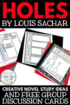 the book holes by louis sacharr is shown in black and white with red accents