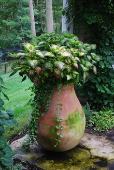 a large potted plant sitting on top of a stone slab in the middle of a garden