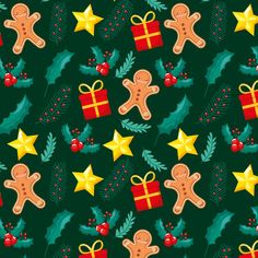 seamless christmas pattern with gingers, holly and stars on dark green background photo