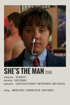 the poster for she's the man is shown in front of a young boy