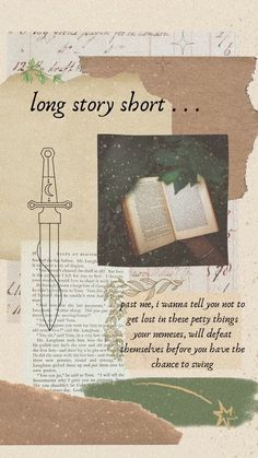 a collage with an open book and a knife in it's center, along with the words long story short