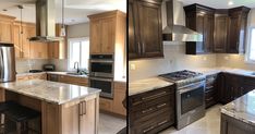 two pictures of the same kitchen with granite counter tops and stainless steel appliances in it