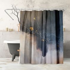 a shower curtain with an abstract painting on it's side and a tree in the background