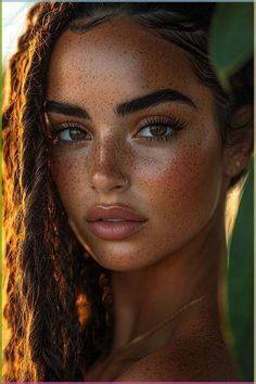 Celebrate natural beauty with this stunning close-up portrait of a woman whose freckles and glowing skin shine under the sun. Her captivating gaze and textured features reflect confidence and grace, making this image perfect for embracing the essence of self-love. 🌿🌞 #FrecklesAreBeautiful #GlowUp #NaturalBeauty #ConfidenceIsKey #RadiantSkin... Dark Hair Freckles, Female Model Face, Woman With Freckles, Girls With Freckles, Women With Freckles, Natural Beauty Secrets, Faux Freckles, Beautiful Freckles