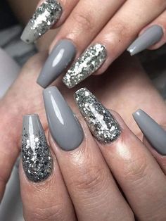 Long Nail Ideas, Nails Grey, Gray Nail, Nails Rose, Grey Nail Designs, Silver Glitter Nails, Nails Silver, Sns Nails, Accent Nail