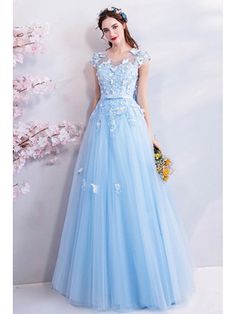 Shop now! Tulle Prom Dress A Line, Cap Sleeve Prom Dress, Mint Bridesmaid Dresses, Prom Dresses 2017, Simple Prom Dress, Blue Wedding Dresses, فستان سهرة, Ball Gowns Prom, Prom Dresses With Sleeves