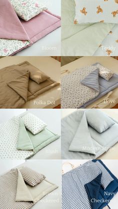 four different types of pillows and blankets on a bed