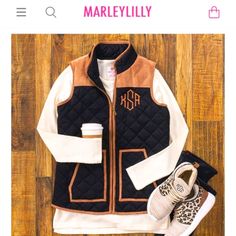 -Marleylilly Non-Monogrammed Quilted Barn Vest With Two Front Pockets, Functional Zipper Closure And Adjustable Brass Button Cinching At The Back -Soft Caramel Brown Suede Accents And Quilted Cross-Stitching -Smoke Free Home! Never Worn! -Sizing Guide Shown In Final Photo Is Taken Directly From Marleylilly Website Monogrammed Vest, Monogram Vest, Sleeveless Blazer Vest, Black Puffy Vest, Puffy Design, Monogram Jacket, Womens Denim Vest, Tapestry Vest, Monogram Quilt