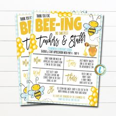 Printable Editable Bumble Bee Theme Teacher and Staff Appreciation Itinerary Flyer Poster Schedule Events Thanks for Bee-ing the Best Invite Bumble Bee Theme, Gift Tag Template, Staff Appreciation, Flyer Poster, Teacher Appreciation Week, Bee Theme