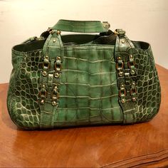 Cool As A Cucumber Green Croc. Beautiful Condition And Ready For Spring. Designer Green Bag With Crocodile Pattern, Green Shoulder Bag With Branded Hardware For Errands, Mulberry Shoulder Bag, Longchamp Roseau, Cool As A Cucumber, Comfortable High Heels, Maroon Leather, Black Satchel, Barrel Bag