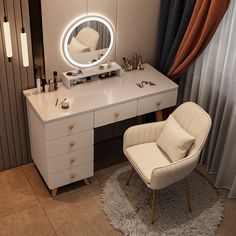 a white chair sitting in front of a desk with a mirror on top of it