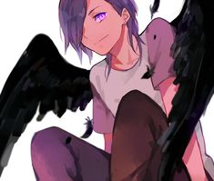 an anime character with purple hair sitting on the ground next to a black bird and looking at the camera