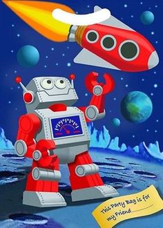 an image of a robot with a rocket ship in the background and text that reads ebay