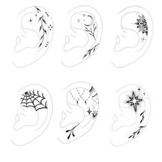 six different types of ear piercings with spider web designs on the ears and behind them