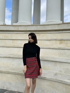 Step into the 90s with this stunning red plaid mini wrap skirt. Perfect for a preppy or grunge look, this A-line tartan schoolgirl skirt features classic pleats and a high waist, ensuring a flattering fit. Customizable in any size, including plus sizes, to fit your unique measurements.  Features: *Red tartan grunge mini skirt *High waist with pleats *Closes with a zipper *Length: 17.7 inches (45 cm) *Customizable in any size Materials: *Wool with lavsan Care Instructions: *Hand wash in warm water *Iron from the wrong side Custom Orders: Choose CUSTOM Order if you: *Need a better fit *Can't find your size in our size chart *Want to change the length Various sizes available XS, S, M, L SIZE XS Waist: 23,6-25,2" / 60-64 cm Hips: 34,6-36,2" /88- 92 cm SIZE S Waist: 25,2-26,8"/ 64-68 cm Hips: 3 Red Plaid Skirt Outfit, Grunge Mini Skirt, Skirt Preppy, Short Skirts Outfits, Red Plaid Skirt, Mini Wrap Skirt, Tartan Skirt, Skirt High Waist, Plaid Outfits