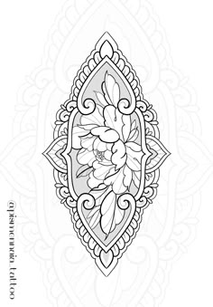 an ornate design with flowers and leaves on the side, in black and white ink