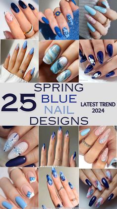 Blue Polish Nail Designs, Spring Nails 2024 Trends Blue, Summer Nail 2024 Trends Blue, Nail Ideas Summer Blue, Summer Nails 2024 Blue, Blue Spring Nail Ideas, May Nails Ideas, Blue Spring Nails, Blue Nail Design