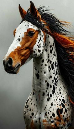 a brown and white horse with black spots on it's face, standing in front of a gray sky