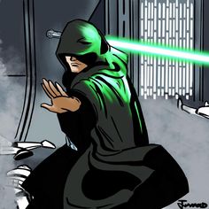 a cartoon character with a green light saber in his hand