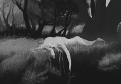 a black and white painting of a woman laying on the ground with trees in the background