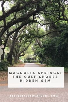 the road is lined with trees and has a white sign that says, magnolia springs the gulf shores hidden gems