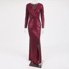 Sexy Women's Silver Sequined V Neck Full Stretchy Evening Party Maxi D — GeraldBlack.com Burgundy Party Dress, Burgundy Party, Sequin Design, Sequin Maxi, Sequin Maxi Dress, Long Sleeve Sequin, Club Dress, Mermaid Fashion, Maxi Dress Party