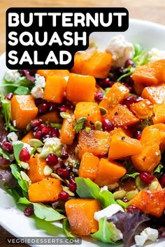 Close up of a bowl of butternut squash salad. Salad With Chili, Roasted Butternut Squash Salad, Chili Lime Vinaigrette, Chili Lime Dressing, Vegan Feta Cheese, Cut Butternut Squash, Feta Cheese Salad, Butternut Squash Salad