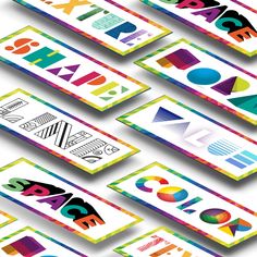 several colorful business cards with different font and numbers on them, all in different colors