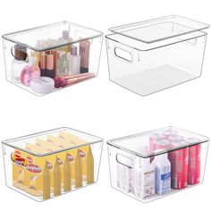 three clear storage bins with lids on each side and one holding various items in it