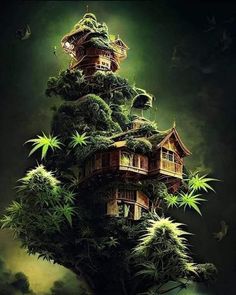 a tree house with plants growing out of it