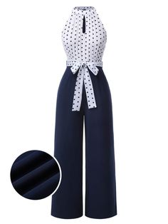 Retro Stage, Women's Jumpsuit, Chique Outfit, Easy Hairstyles For Thick Hair, Polka Dot Jumpsuit, Cute Dress Outfits, Standard Dress, Blue Jumpsuits, Stylish Work Outfits