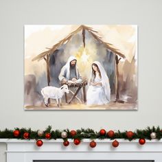 a painting of the birth of jesus in front of a manger scene with red baubs