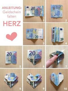 the instructions for how to fold an origami heart - shaped money bank note