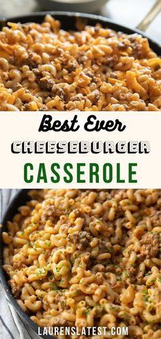 the best ever cheeseburger casserole in a skillet with text overlay