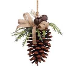 a pine cone ornament hanging from a rope with some decorations on the top