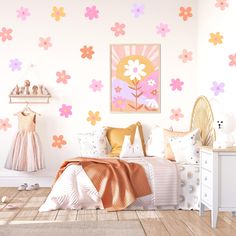 a bedroom with flowers painted on the wall and bed in the foreground is a dresser