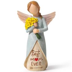 an angel figurine holding a bouquet of flowers with the words best mom ever written on it