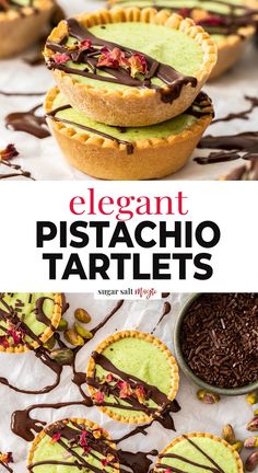 chocolate and pistachio tartles are stacked on top of each other