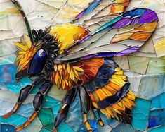 a bee made out of stained glass on a mosaic tile background with blue, yellow and orange colors