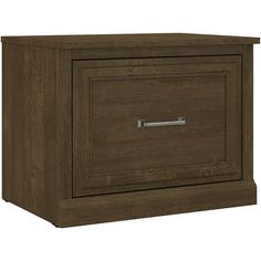 a wooden cabinet with two drawers and one door on the bottom shelf, in dark brown wood