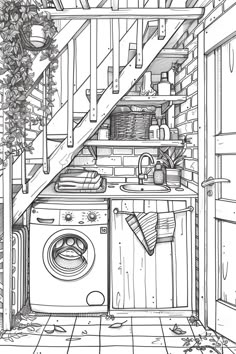 a drawing of a washer and dryer in a room with stairs leading up to it