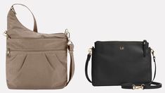 two purses side by side, one in black and the other in beige with straps